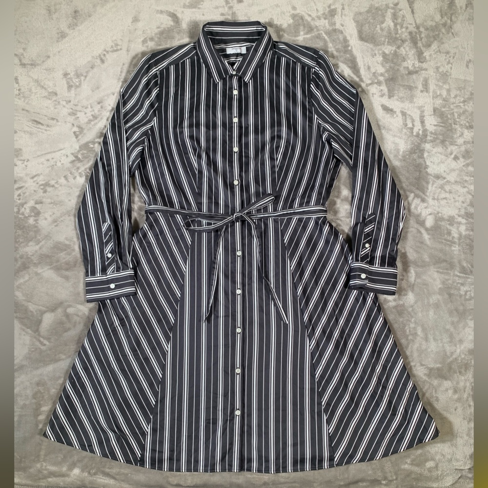 Untuckit For Her Amelia Dress Women 14 Black Striped Long Sleeve Career Office